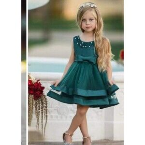 Formal Intense Green Dress, Satin, Tulle, and White Pearls. Size 24 Months